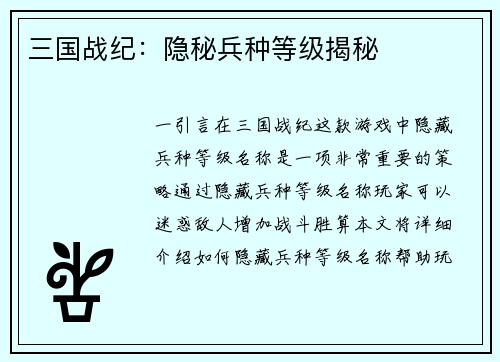 三国战纪：隐秘兵种等级揭秘