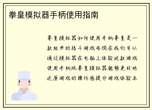 拳皇模拟器手柄使用指南